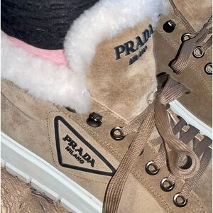 Prada suede lace-up boots with fur 8 1/2